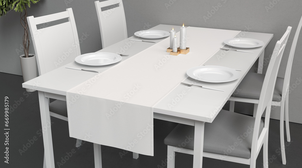 Blank white table runner and dishes mockup crop, interior background Blank white table runner and dishes mockup crop, interior background