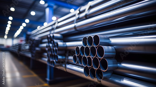 a stack of steel pipes in a warehouse or factory with a blurry background