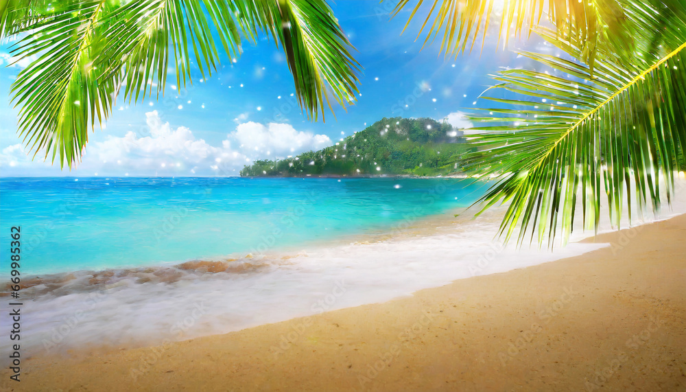 sunny tropical beach with palm leaves and paradise