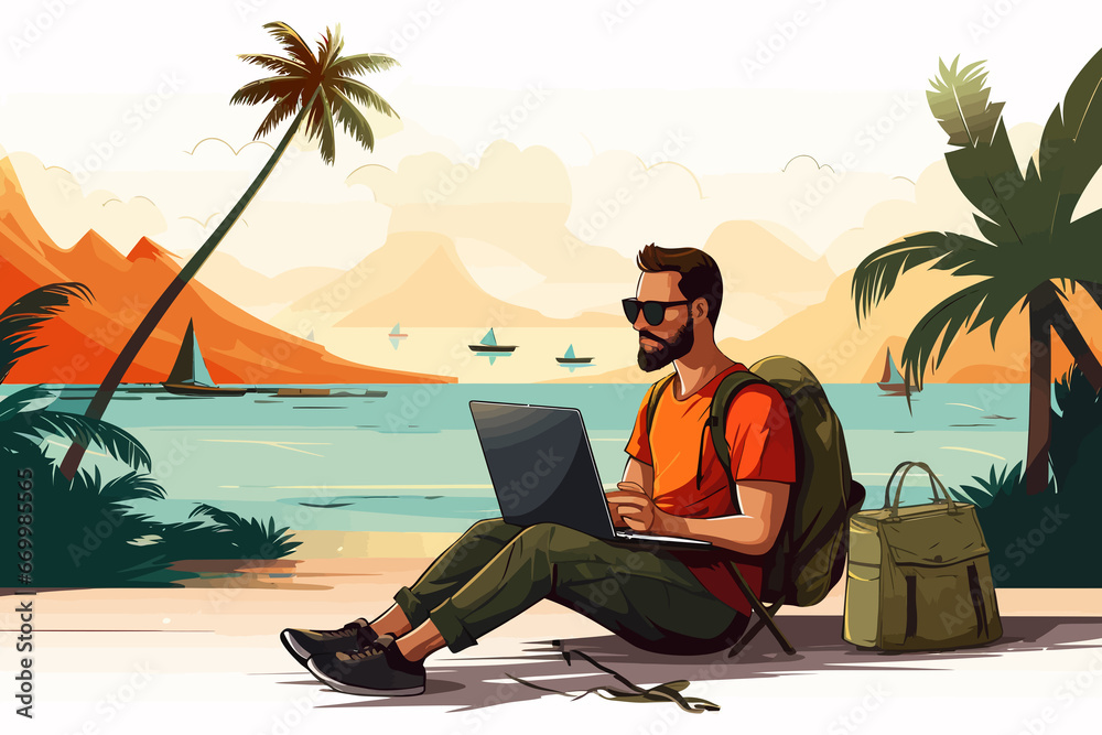 Digital Nomad Lifestyle Working from Exotic Locations isolated vector style illustration