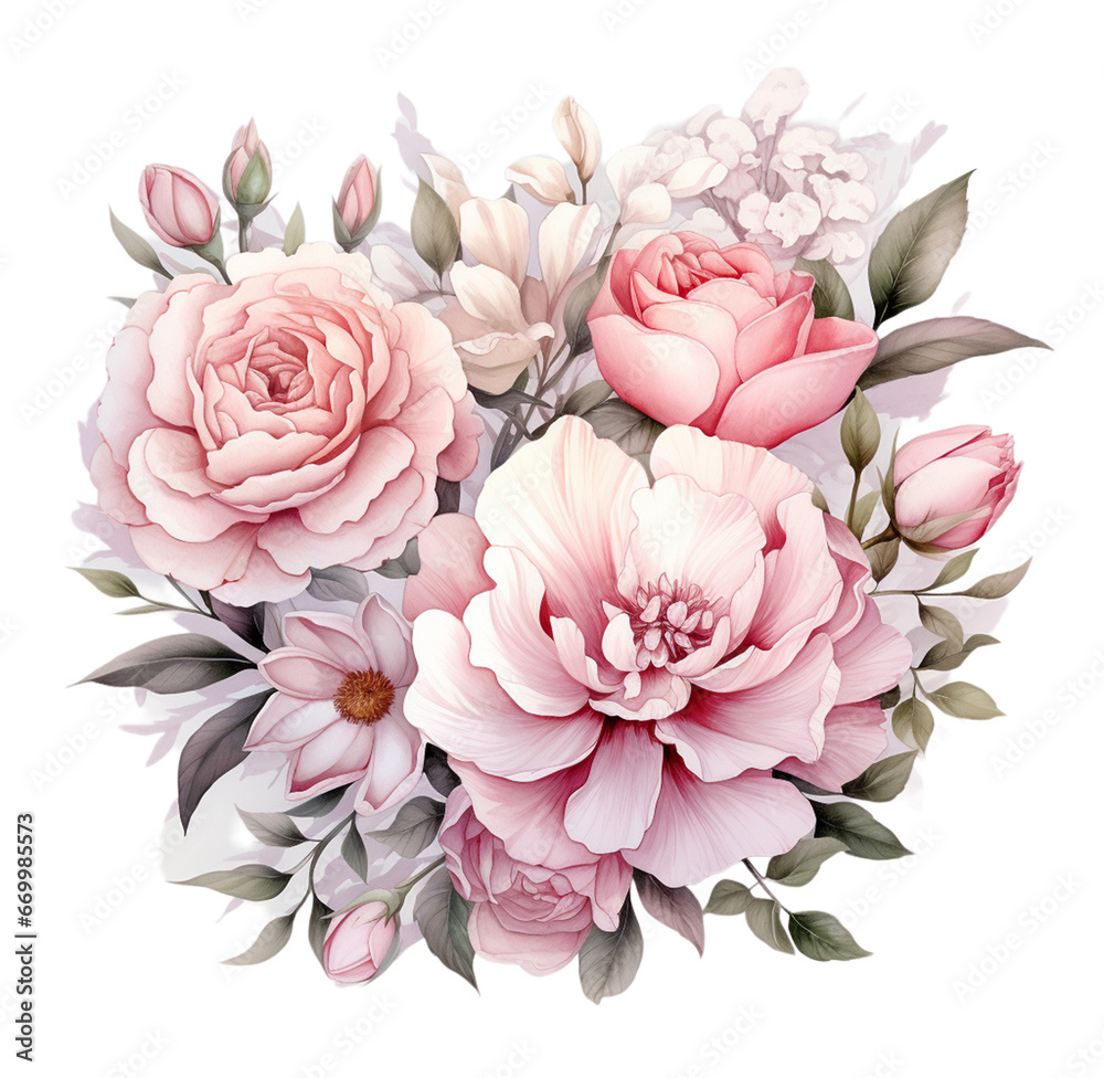 Watercolor cute flowers bouquet. Generative AI, png image.