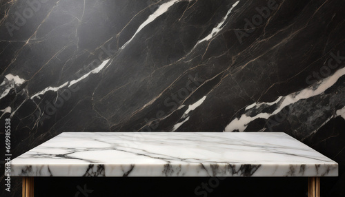 empty white marble table and black marble wall background high quality photo