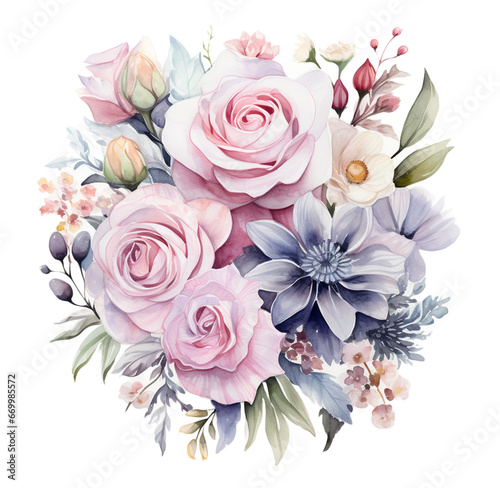 Watercolor cute flowers bouquet. Generative AI, png image. © Julia 