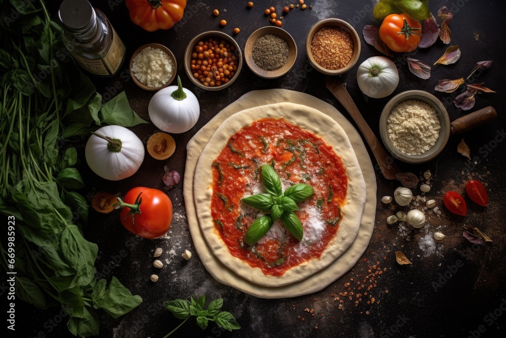 top shot of a pizza with ingredients scattered around