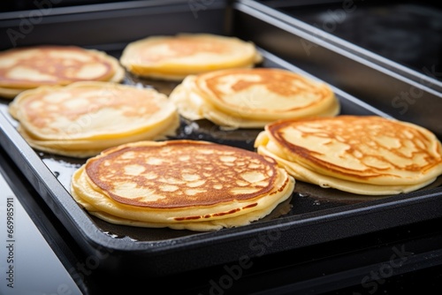 perfectly flipped pancakes on a non-stick griddle
