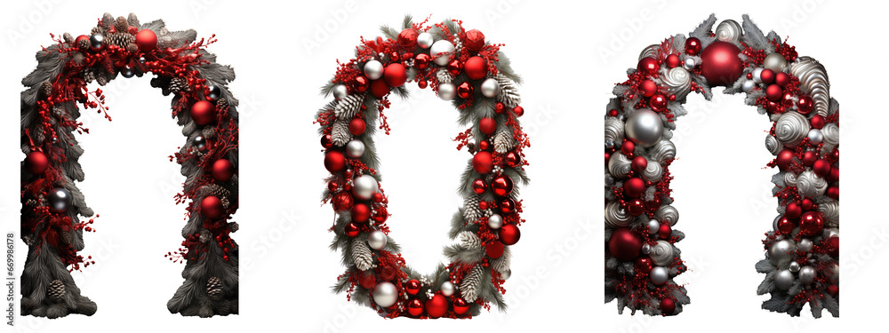 Wide arch shape Christmas border  composed of fresh fir branches and decorations in red and silver