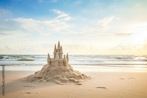 a sand castle standing on a beach