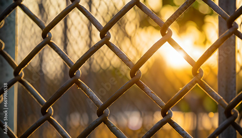 close up chain link fence sunset background