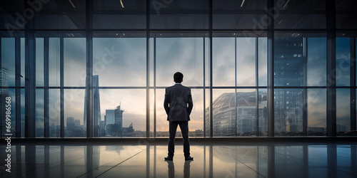 Businessman Looking Through the Window on Big Modern City in His Office A man in a business suit, a businessman stands against the background of large windows overlooking Ai Generative