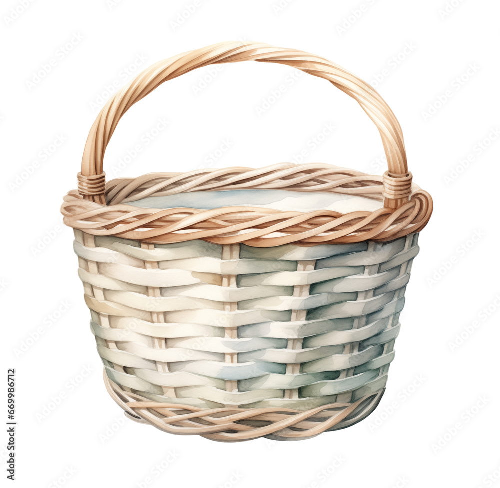 Watercolor wicker basket. Generative AI, png image.