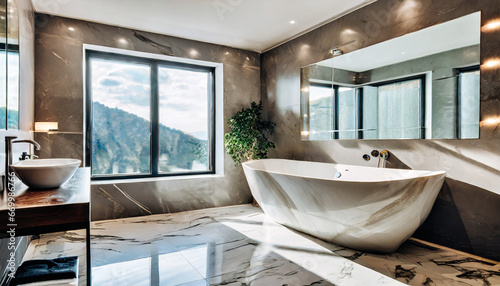 luxury bathroom with windows modern big bathtub and marble tiles ai