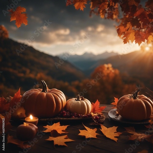 Thanksgiving day pumpkins, apples in the basket, acorns, walnuts, candles with light and autumn leaves around. photo