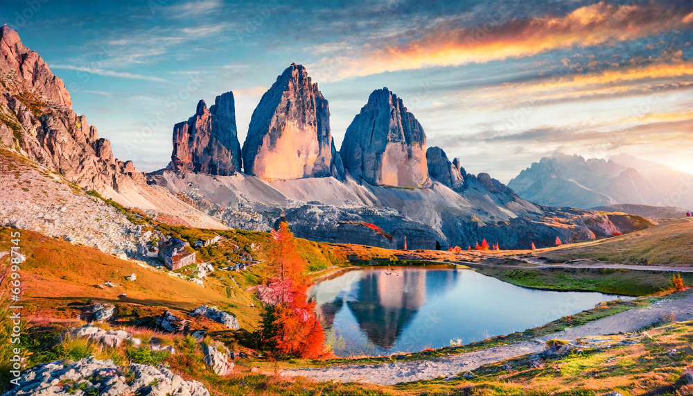 unbelievable autumn scene of tre cime di lavaredo national park majestic morning view of dolomite alps auronzo di cadore location sunrise in italy europe beauty of nature concept background - obrazy, fototapety, plakaty 