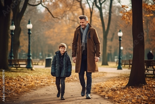 Mature man and his son walking in the public park