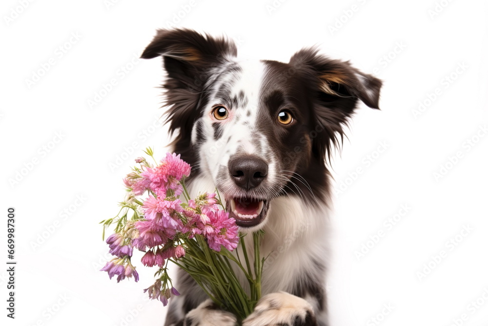 Fototapeta premium Smiling border collie dog holding bouquet of spring wild flowers isolated on white background. Valentine’s day or Mother’s day concept