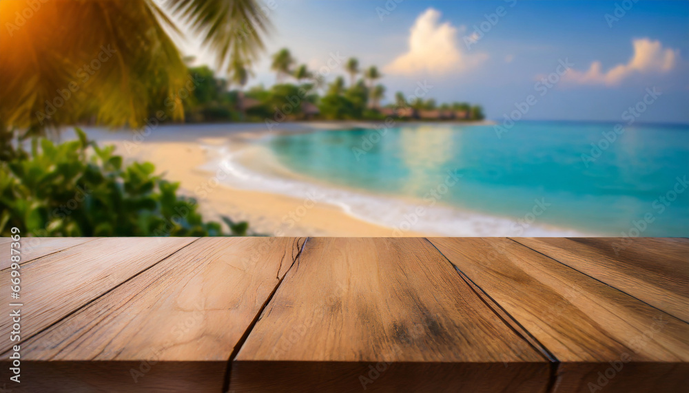 wood table top on blur tropical beach background can be used for display or montage your products high quality photo