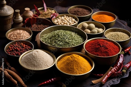 assortment of indian spices in various dishes