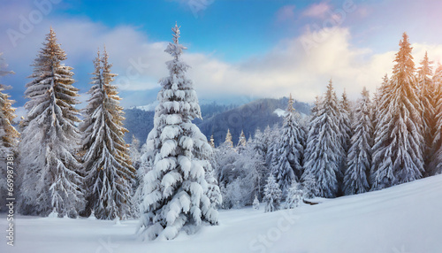 fabulous winter panorama of mountain forest with snow covered fir trees colorful outdoor scene happy new year celebration concept beauty of nature concept background