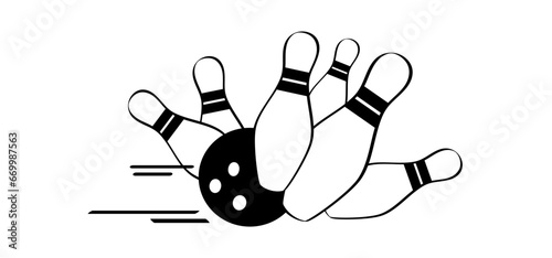 Cartoon bowling pin with stripes and bowling ball. Bowling strike idea. Sport or hobby game. Playing in a team, competition or tournament. Bowling pins and skittles. Play kegling team. photo