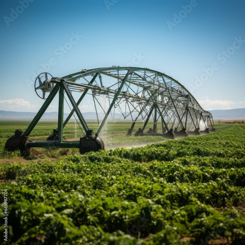 An up-close view captures a modern irrigation pivot in action, watering crops in the foreground.