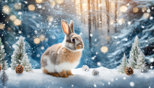 cute rabbit or hare against snowy winter forest background holiday christmas and new year greeting card concept