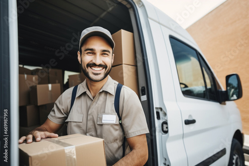 Mid adult courier in uniform carrying cardboard box, looking up, Smiling delivery man unloading truck, Portrait of Shipment service, postal worker holding customer order