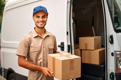 Mid adult courier in uniform carrying cardboard box, looking up, Smiling delivery man unloading truck, Portrait of Shipment service, postal worker holding customer order © alisaaa