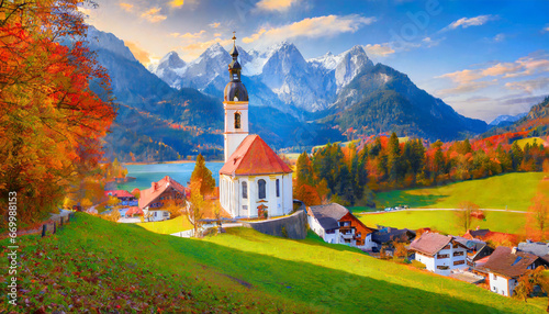 iconic picture of bavaria with maria gern church with hochkalter peak on background sunny autumn scene of alps beautiful landscape of germany countryside beautiful autumn scenery photo