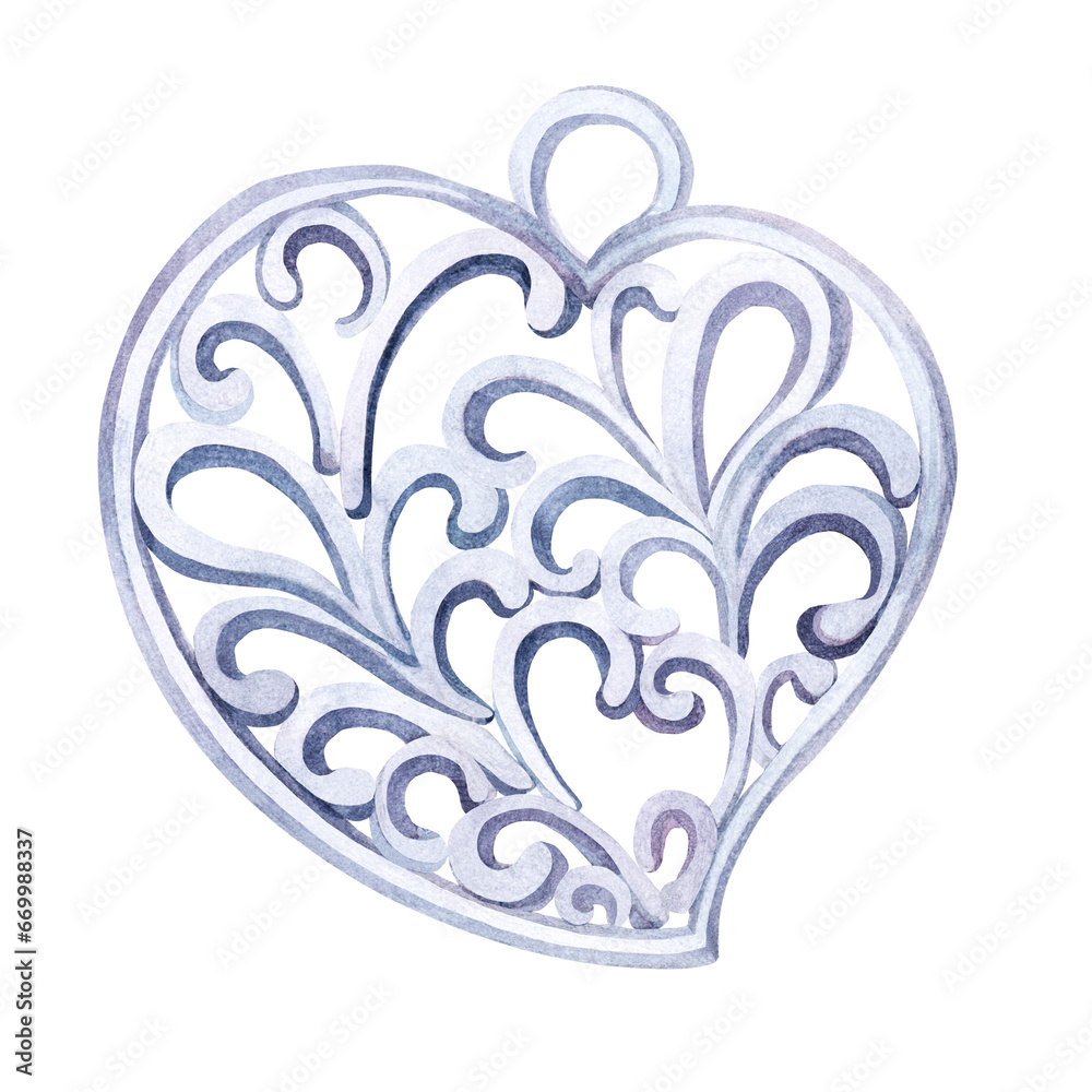 Watercolor silver pendant in the shape of a heart. Hand-drawn illustration. For design and cliparts. Isolated. for Valentine's Day or Mother's Day, birthday. Watercolor silver pendant in the shape of a heart. Hand-drawn illustration. For design and cliparts. Isolated. for Valentine's Day or Mother's Day, birthday.