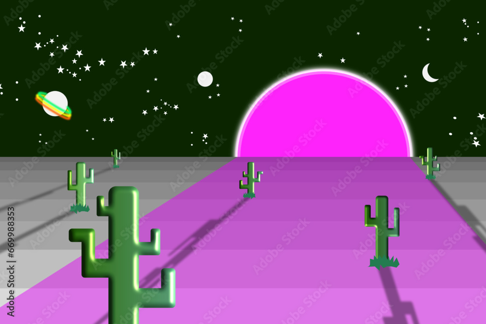 Space Desert with cactus night sky  and pink sun