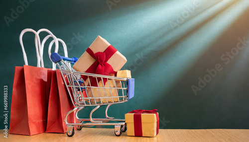 shopping cart and shopping bags with gift box china 11 11 single day sale concept generative ai
