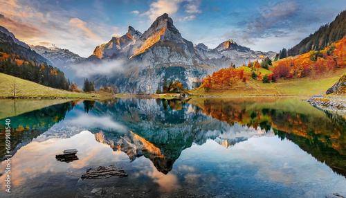 landscape photography attractive morning view of swiss alps santis peak reflected in the calm surface of pure water of lake spectacular autumn scene of seealpsee lake switzerland