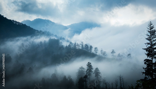 misty landscape with fir forest in hipster vintage retro style