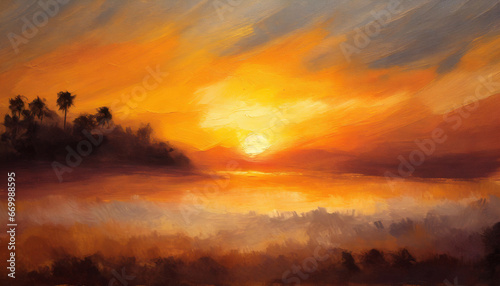 oil painting of a sunset silhouette with warm colored background hd phone wallpaper ai generated