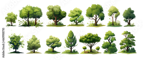 A collection of vector illustrations featuring bushes, trees, and grass set as clipart on a transparent background. photo