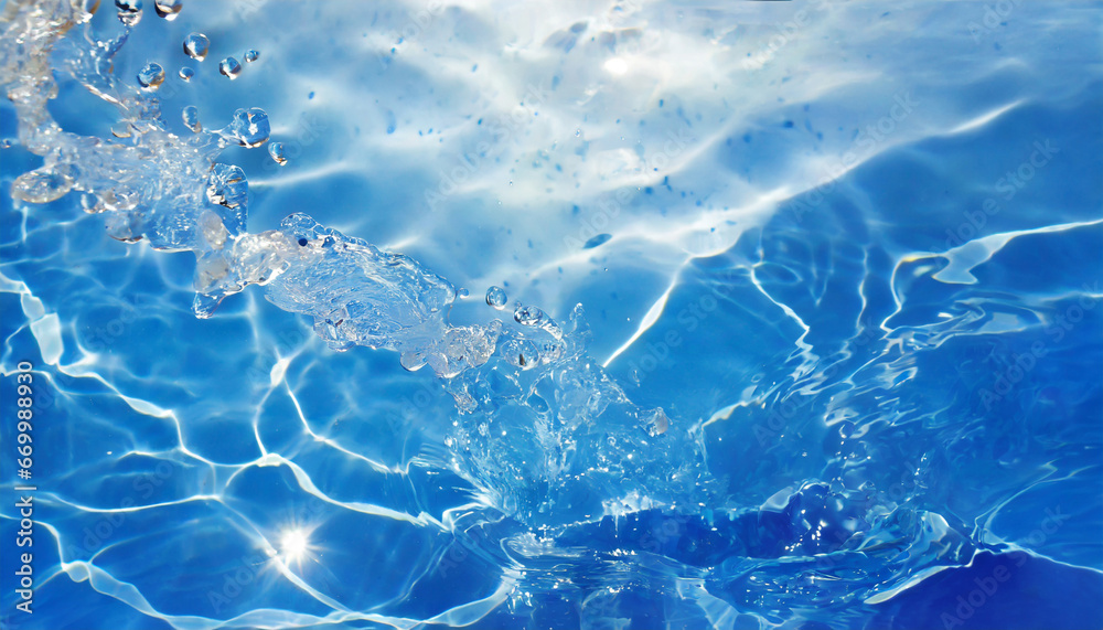 defocus blurred transparent blue colored clear calm water surface texture with splashes and bubbles trendy abstract nature background water waves in sunlight with copy space blue watercolor shining
