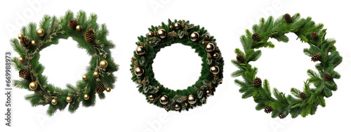 pine tree wreath with christmas decorations and square blank space in middle