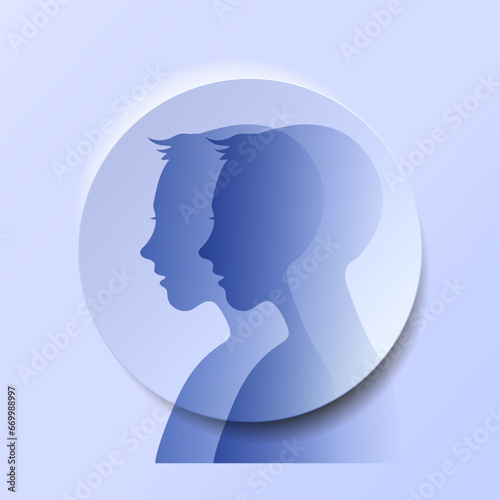 Bipolar mental disorder, two-faced, split personality.
 Conceptual mood disorder. Psychological illness, double personality concept,
 2 silhouettes of the head.