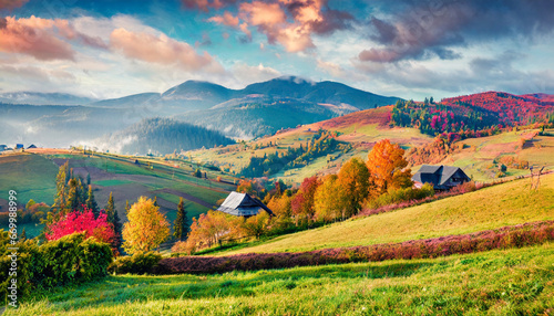 colorful autumn view of sokolivka village hills captivating morning scene of carpathian mountains ukraine europe beauty of countryside concept background
