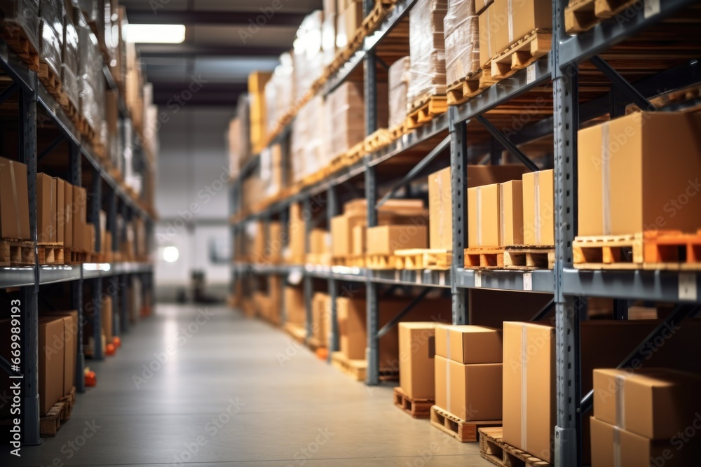 warehouse storage shelves filled with shipping boxes