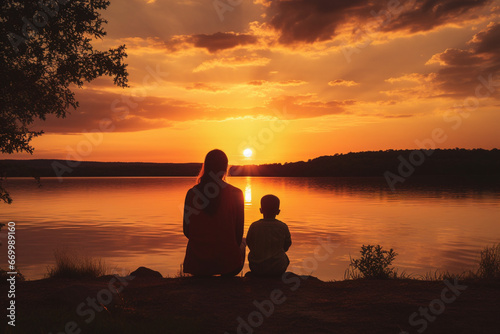 Mother and child Enjoys Lake Country Sunset © alisaaa