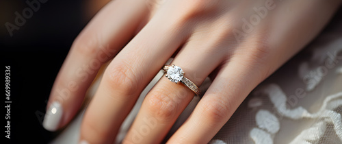 Close-up of a dazzling diamond ring on a finger, symbolizing love and commitment. Encapsulating moments of romance, engagement, and elegance. Ideal for bridal and romantic themes. photo