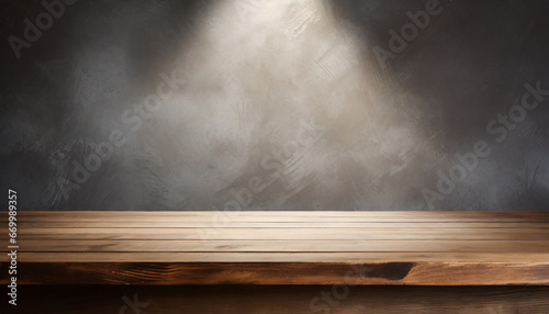 empty wooden table against a gray wall background with reflection of spotlight high quality photo