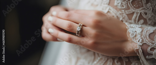 Close-up of a dazzling diamond ring on a finger, symbolizing love and commitment. Encapsulating moments of romance, engagement, and elegance. Ideal for bridal and romantic themes.