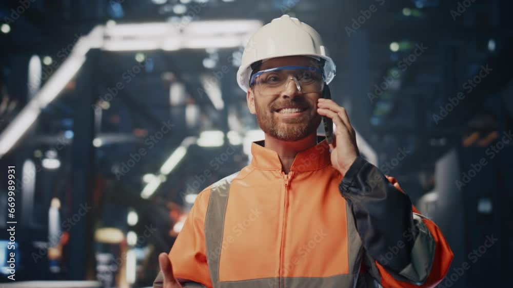Happy plant technician calling telling about successful production work close up Happy plant technician calling telling about successful production work close up