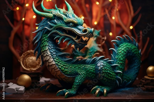 Year of the dragon, Chinese style New Year card. The fabulous green wooden dragon. A cute cartoon green dragon. © Alena