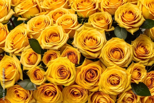 Bouquet of yellow roses on yellow background with space for text