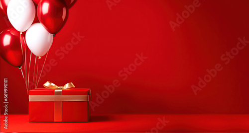 Red gift box with golden ribbon and bow against a red backdrop, accompanied by ample space for text or graphics.