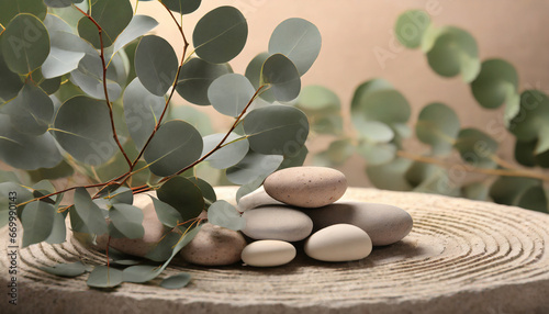 calm serenity eucalyptus twig and smooth pebbles on a circle tranquil botanical backdrop