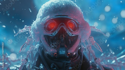 Futuristic explorer wearing a sci-fi helmet in a frozen landscape